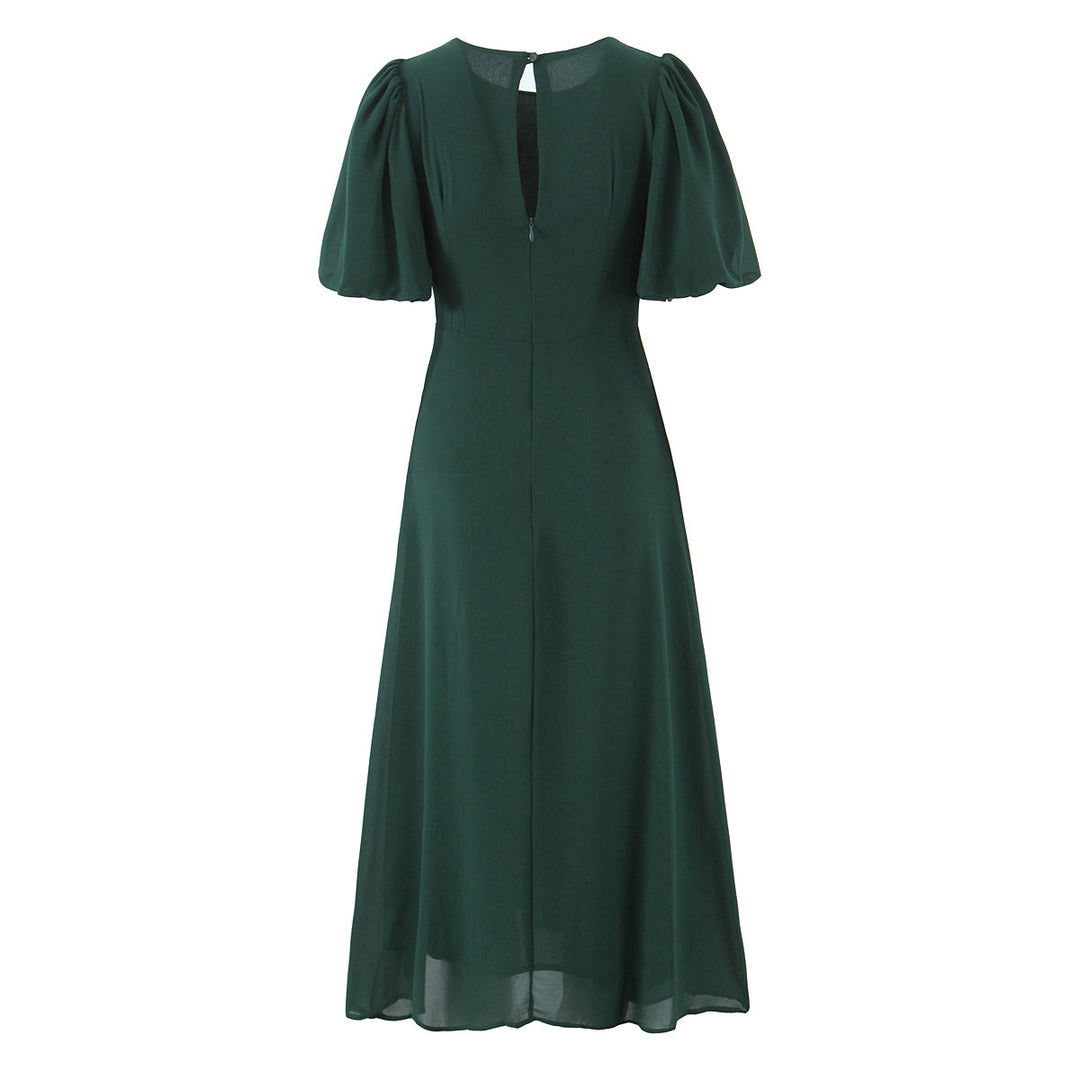 Summer French Vintage Small Floral Print Puff Sleeve Slim Fit Slimming round Neck Dress