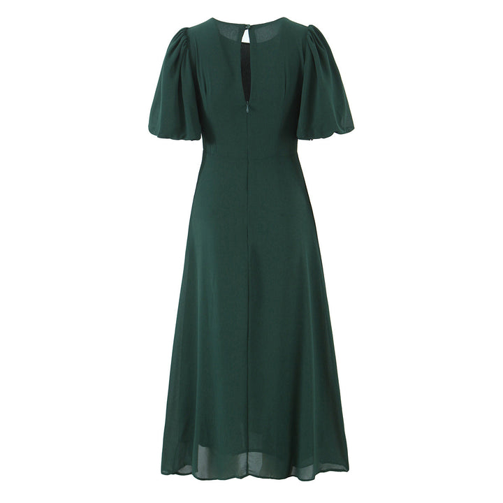Summer French Vintage Small Floral Print Puff Sleeve Slim Fit Slimming round Neck Dress