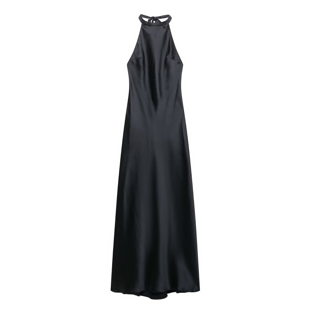 Summer Hanging Collar Silk Satin Texture Dress