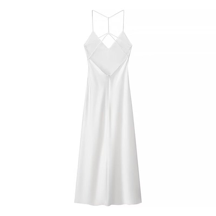 Summer Women Elegant Back Sling Silk Satin Midi Suspender Dresses