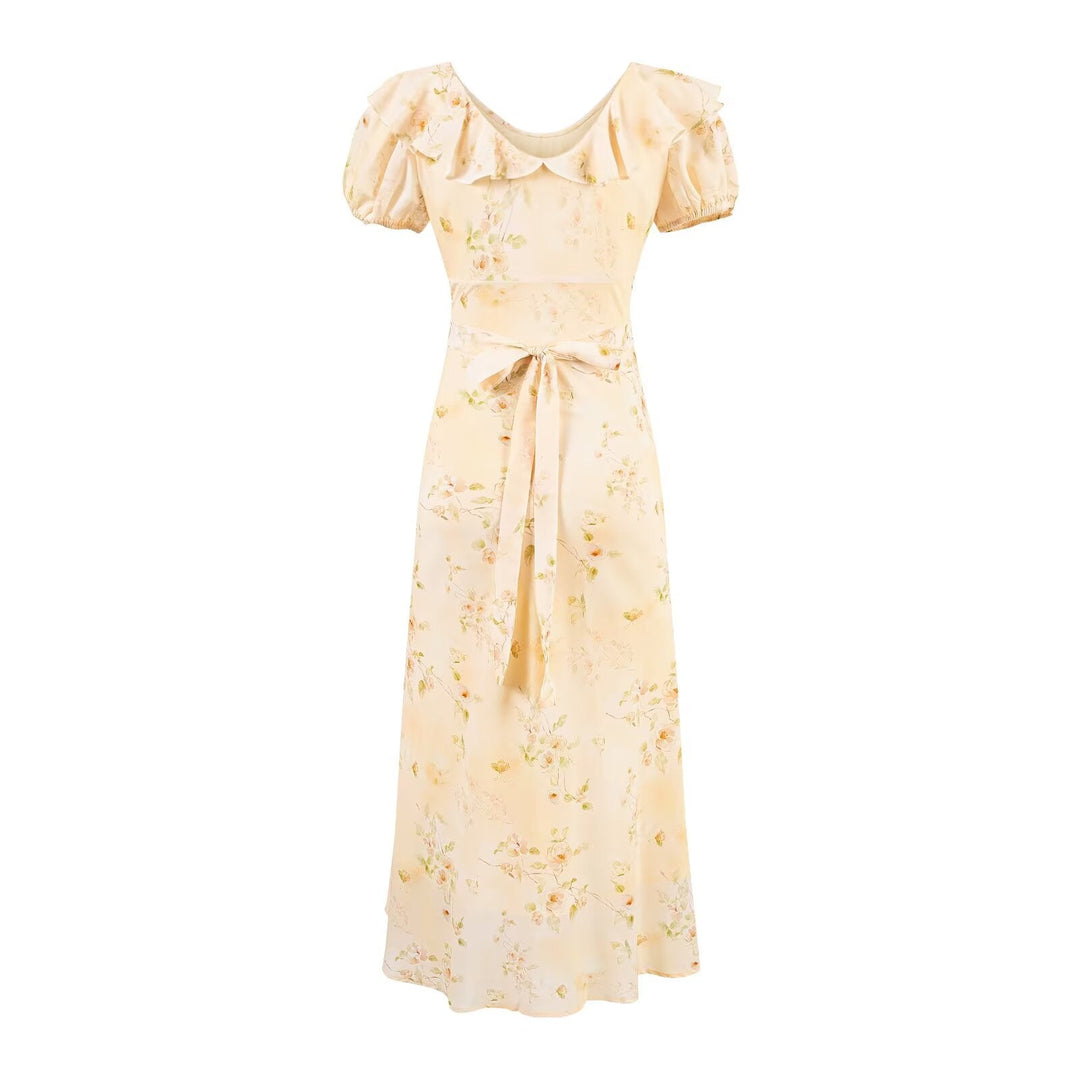 Sweet Printed Chic Puff Sleeve Chiffon Dress V neck Vacation Midi Dress