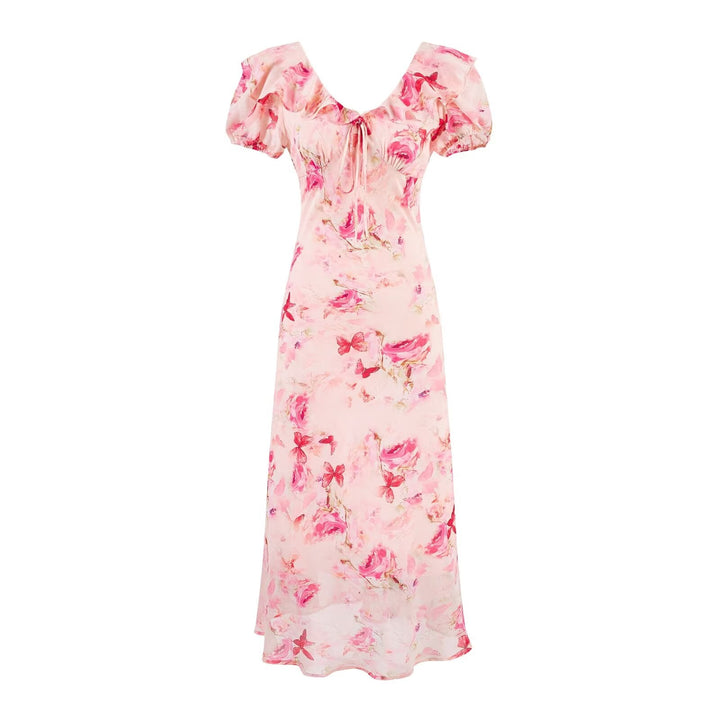 Sweet Printed Chic Puff Sleeve Chiffon Dress V neck Vacation Midi Dress