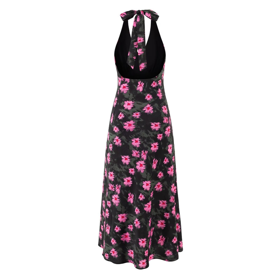 Sweet Printed Chic Sleeveless Backless Midi Dress Halter Retro Vacation Dress