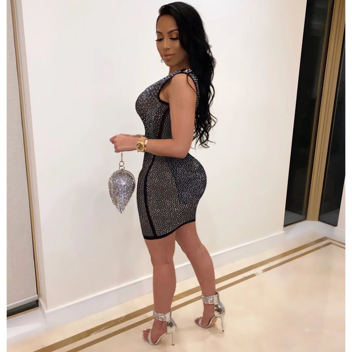 Sexy Slim-Fit Rhinestone See-through Dress Nightclub Uniforms