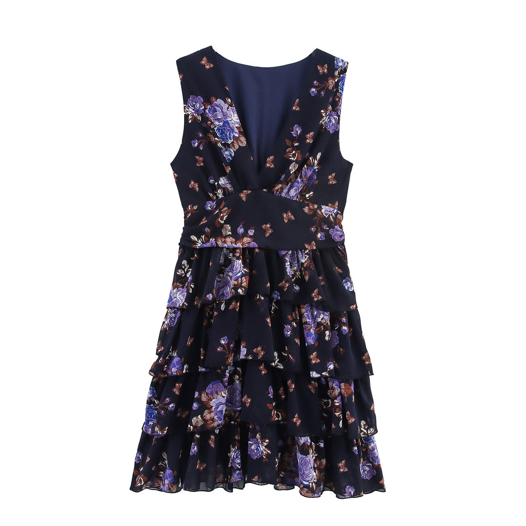 Lady Gold Floral Dress Women Summer Wear V neck Tight Waist Dress Sleeveless Laminated Vest Dress