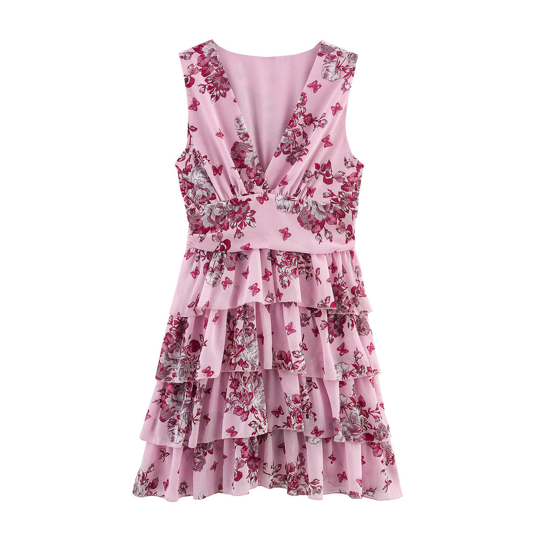 Lady Gold Floral Dress Women Summer Wear V neck Tight Waist Dress Sleeveless Laminated Vest Dress