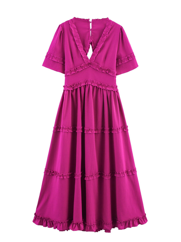 Summer Women Clothing Pullover V neck Short Sleeve Backless Ruffles Long Large Hem Dress