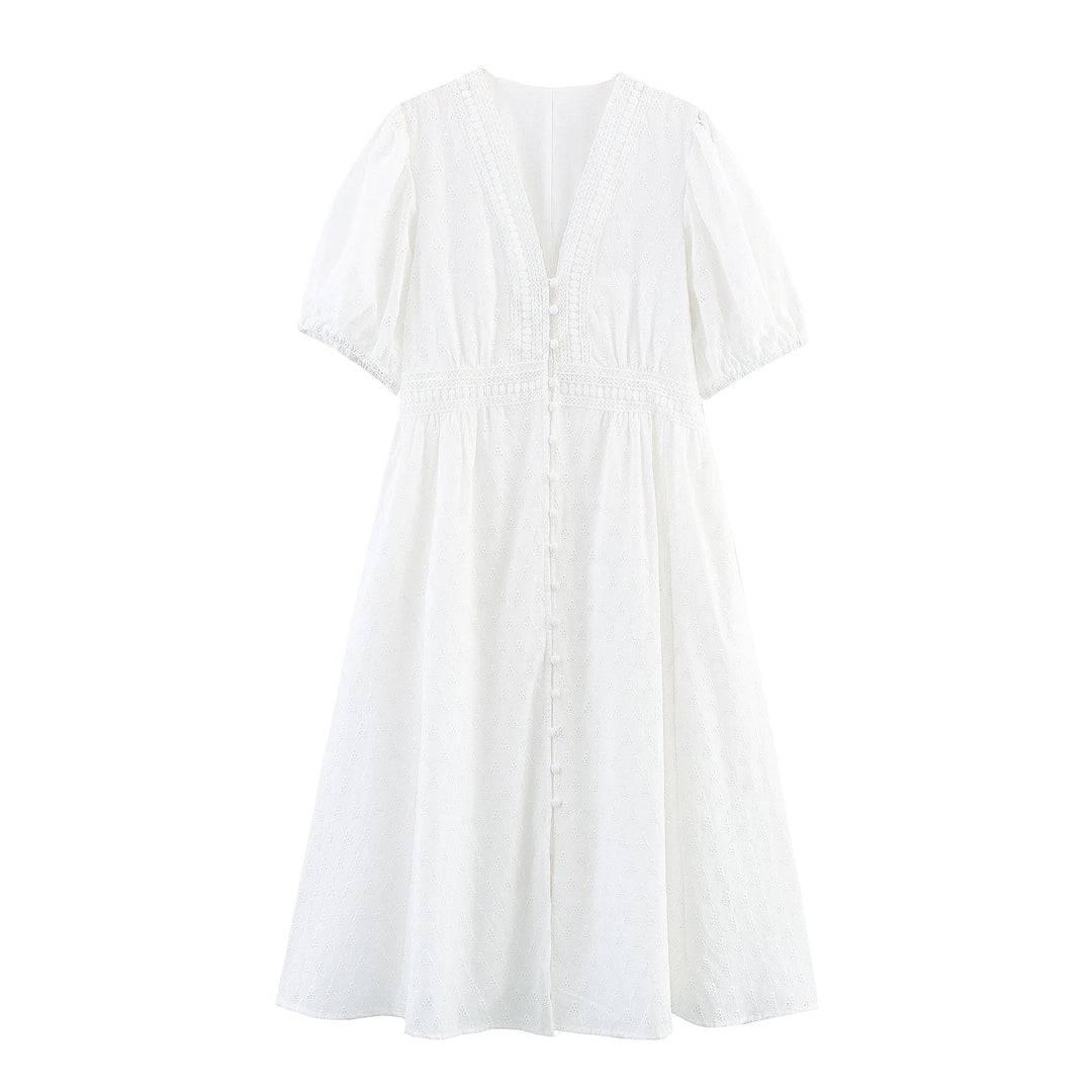 Mid Length Lace Cotton Embroidery Tea Dress