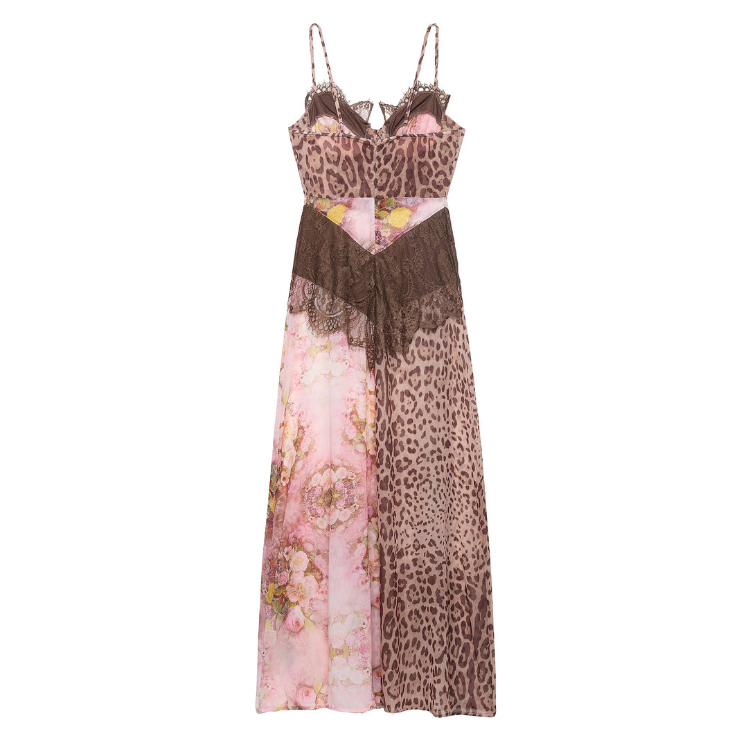 Women Clothing Color Contrast Printed Lace Slim Fit Patchwork Split Sling Dress