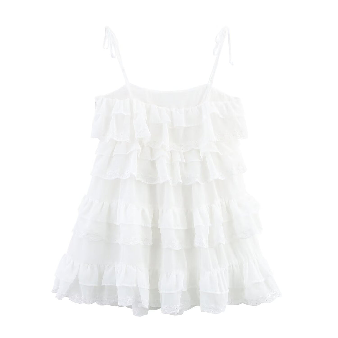 Women Clothing Summer French Embroidery Laminated Decoration Short Strap Dress