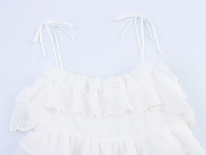 Women Clothing Summer French Embroidery Laminated Decoration Short Strap Dress