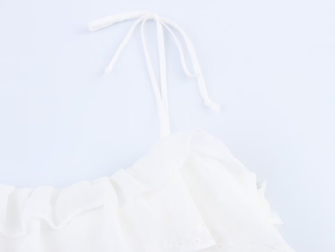 Women Clothing Summer French Embroidery Laminated Decoration Short Strap Dress