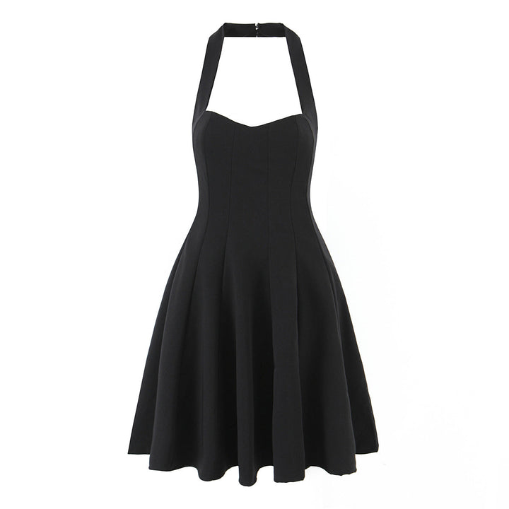 Summer Hepburn Gold Elegant Little Black Dress Women Waist Trimming Lace up Sexy Halter Dress
