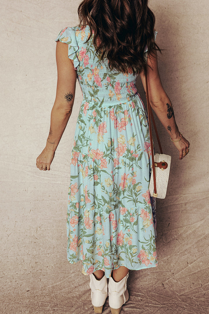 Yellow Smocked Bodice Ruffled Sleeveless Tiered Floral Maxi Dress