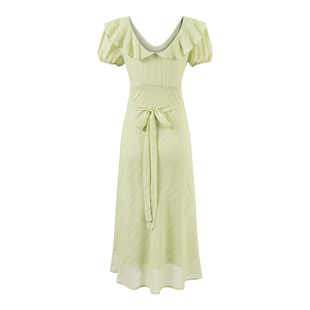 Tea Break Green Dress Women Summer Gentle Ruffled Waist Controlled V neck Dress