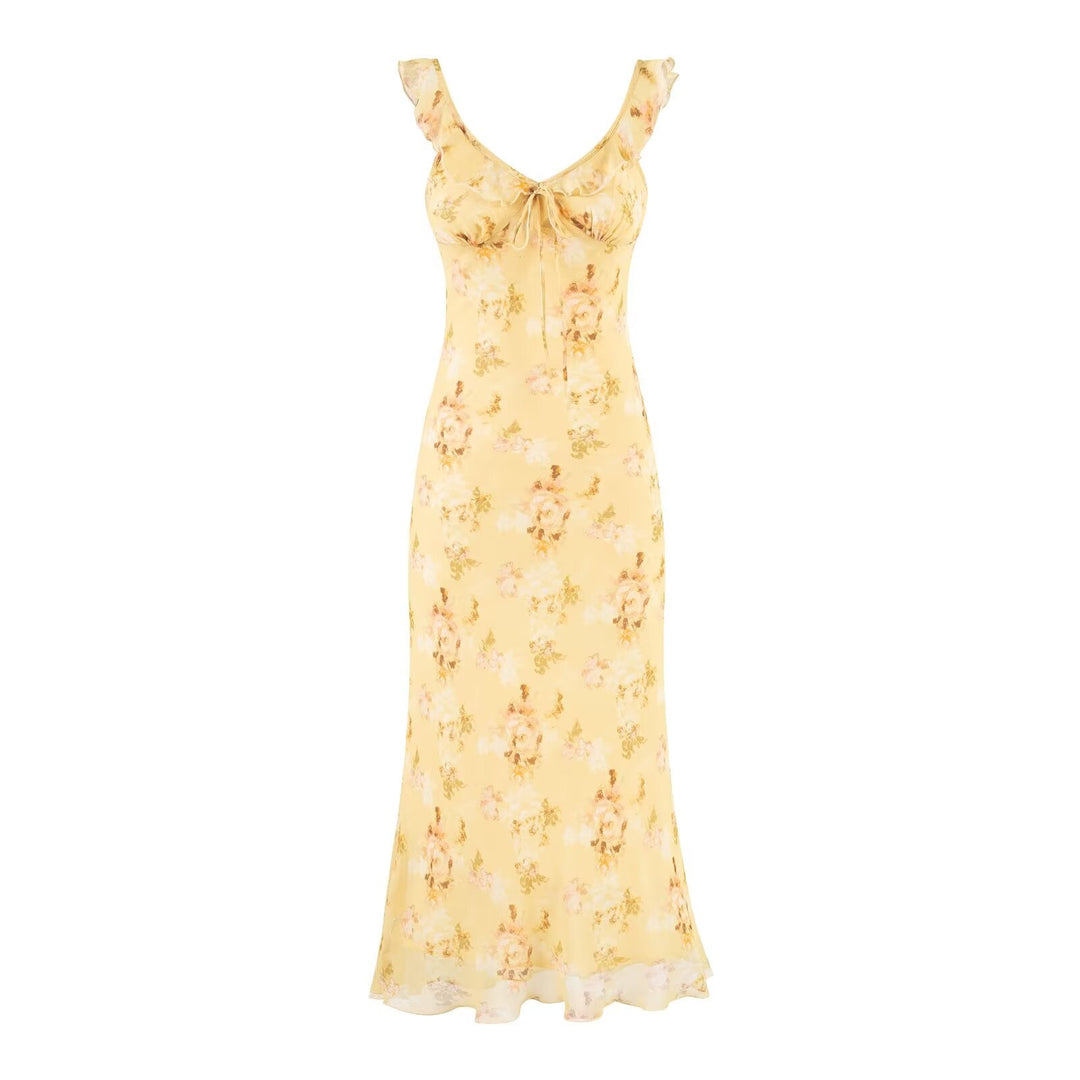 Sweet Ruffled V neck Lace up Printing Slip Dress Vacation Sexy Long Fishtail Dress
