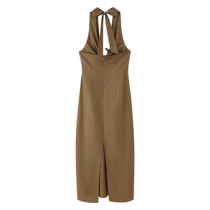 Women Clothing Spring Buckle Decoration Pleated Hanging Collar Dress