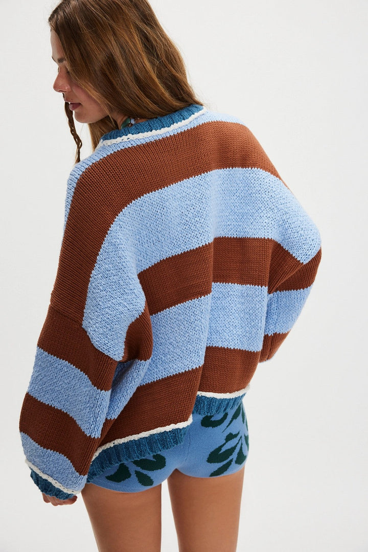 Autumn Winter Contrast Color Striped Sweater Women Pullover Fashionable Knitted Loose Lazy Top Autumn Winter Sweater Women