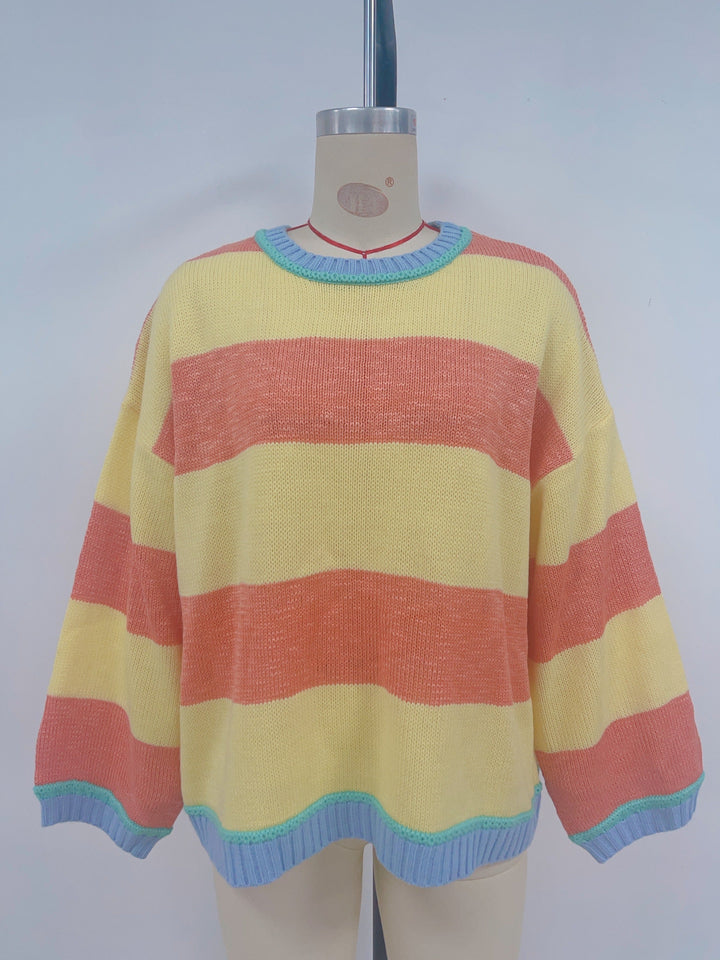 Autumn Winter Contrast Color Striped Sweater Women Pullover Fashionable Knitted Loose Lazy Top Autumn Winter Sweater Women