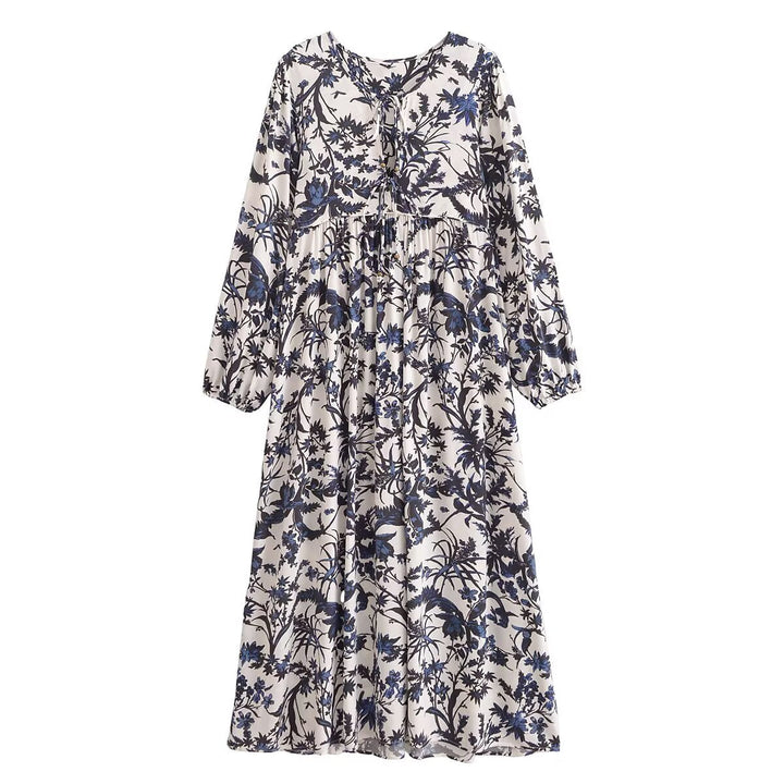 Rayon Printed Casual Bohemian Long Sleeve Dress Summer French Retro Elegant Midi Dress