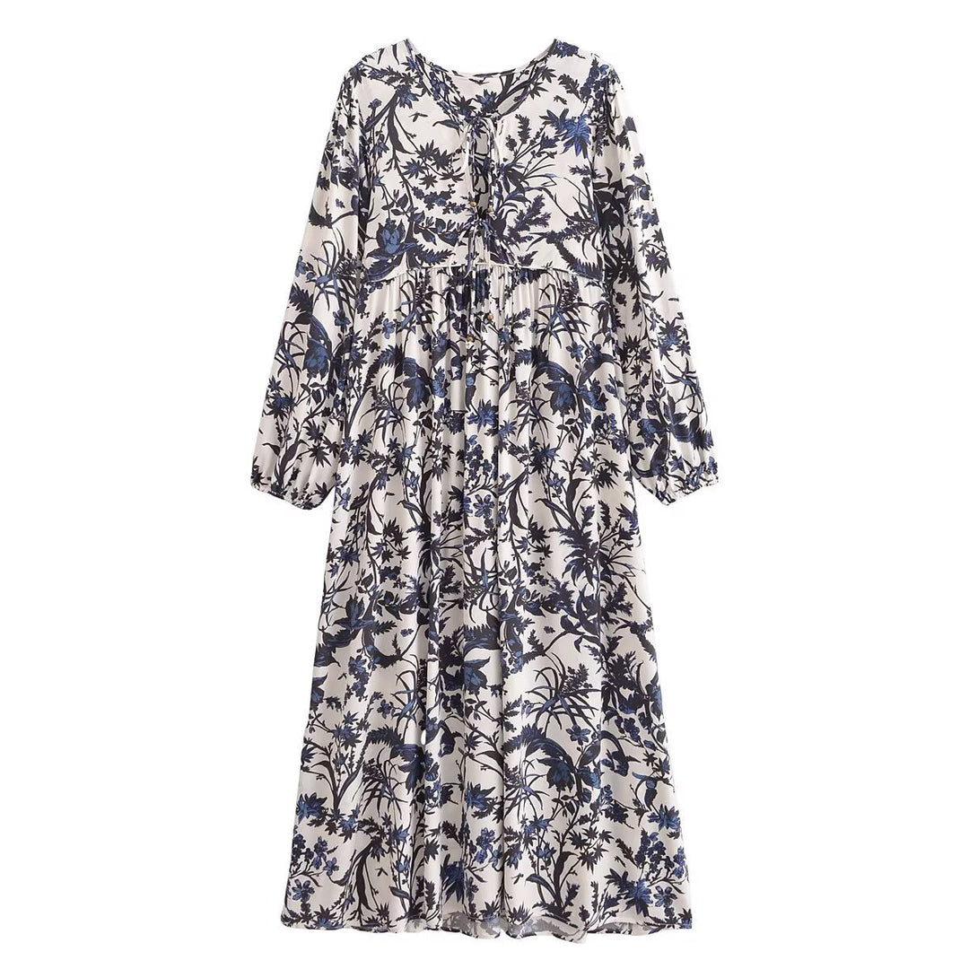 Rayon Printed Casual Bohemian Long Sleeve Dress Summer French Retro Elegant Midi Dress