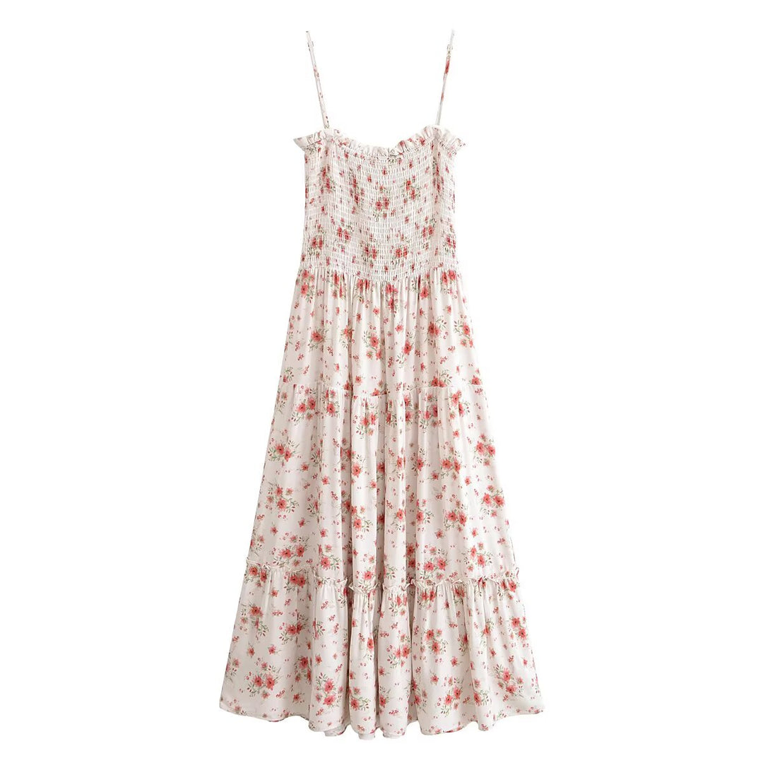 Rayon Printed Elastic Chest Wrapped Beach Casual Sling Dress Summer Waist Controlled Midi Dress