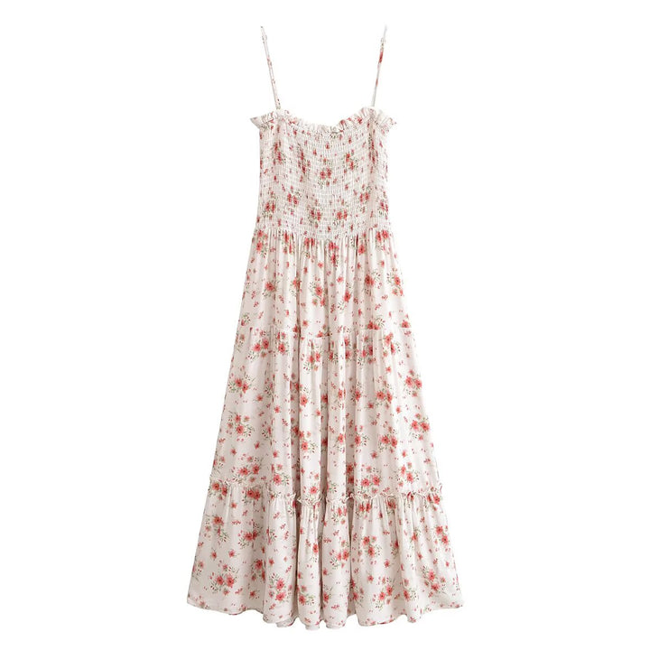 Rayon Printed Elastic Chest Wrapped Beach Casual Sling Dress Summer Waist Controlled Midi Dress