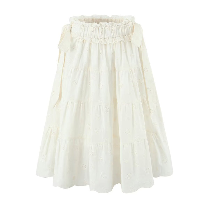 Gentle Sweet Cutout Embroidered Big Hem A line Skirt White Skirt Spring Summer High Waist Midi Skirt
