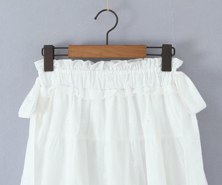 Gentle Sweet Cutout Embroidered Big Hem A line Skirt White Skirt Spring Summer High Waist Midi Skirt