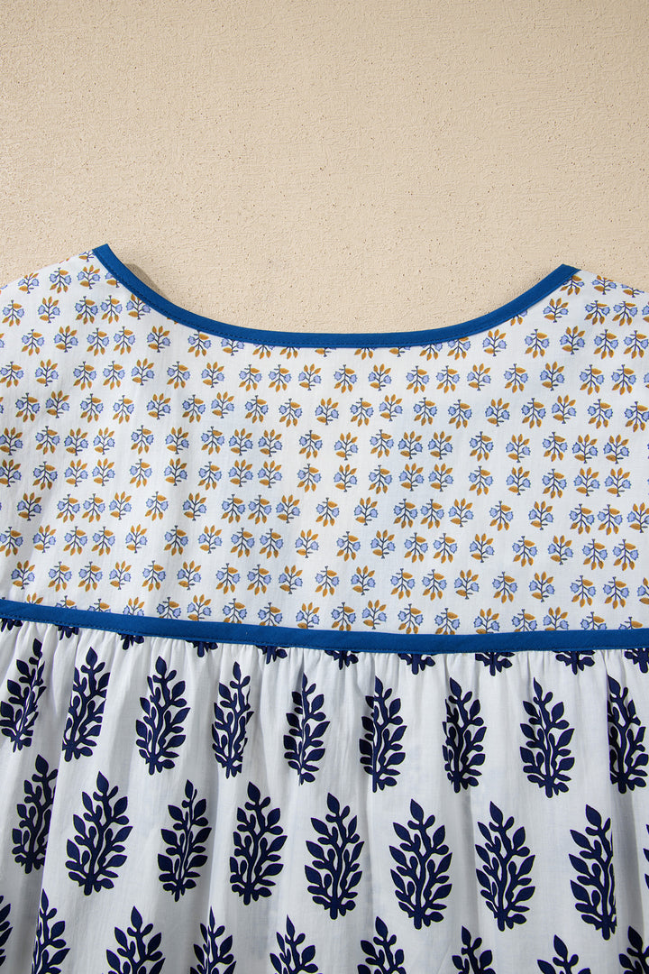 White Plus Size Boho Floral Print Contrast Trim Split Neck Puff Sleeve Patchwork Blouse