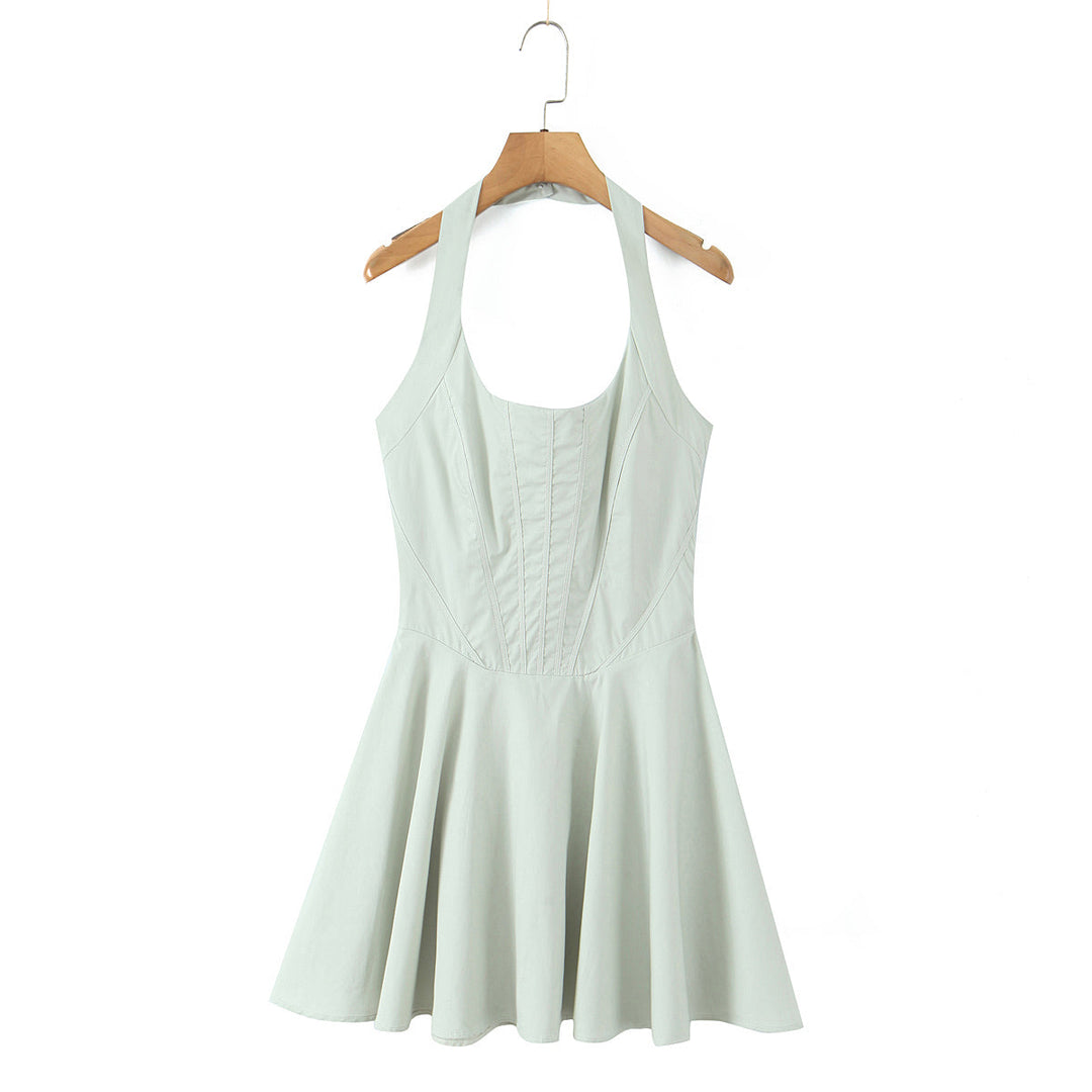 Summer Solid Color Elegant Green Sexy Waist Trimming Simple Halter Back Tied Dress
