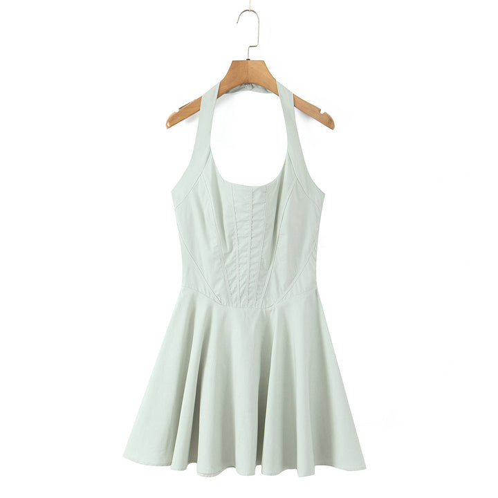 Summer Solid Color Elegant Green Sexy Waist Trimming Simple Halter Back Tied Dress