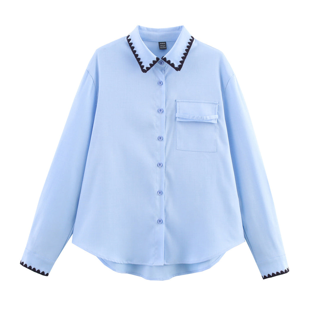 Women Clothing Autumn Niche Chic Shell Craft Blue Shirt Long Sleeve Loose Shirt