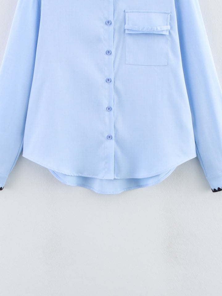 Women Clothing Autumn Niche Chic Shell Craft Blue Shirt Long Sleeve Loose Shirt