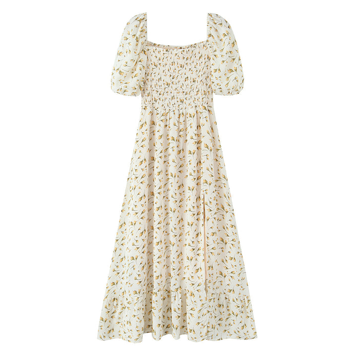 Summer Wind Women Clothing Palace Small Floral Print Square Collar Puff Sleeve Split Dress