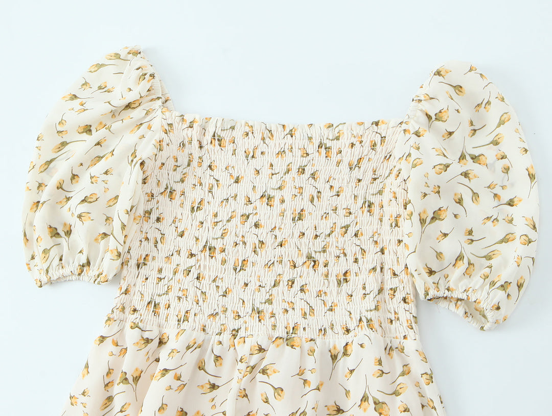 Summer Wind Women Clothing Palace Small Floral Print Square Collar Puff Sleeve Split Dress