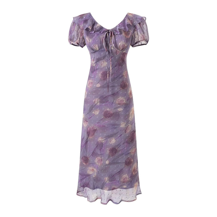 Lace up Light Purple Ruffled Maxi Dress Women Summer Tight Waist Slim Fit Dress