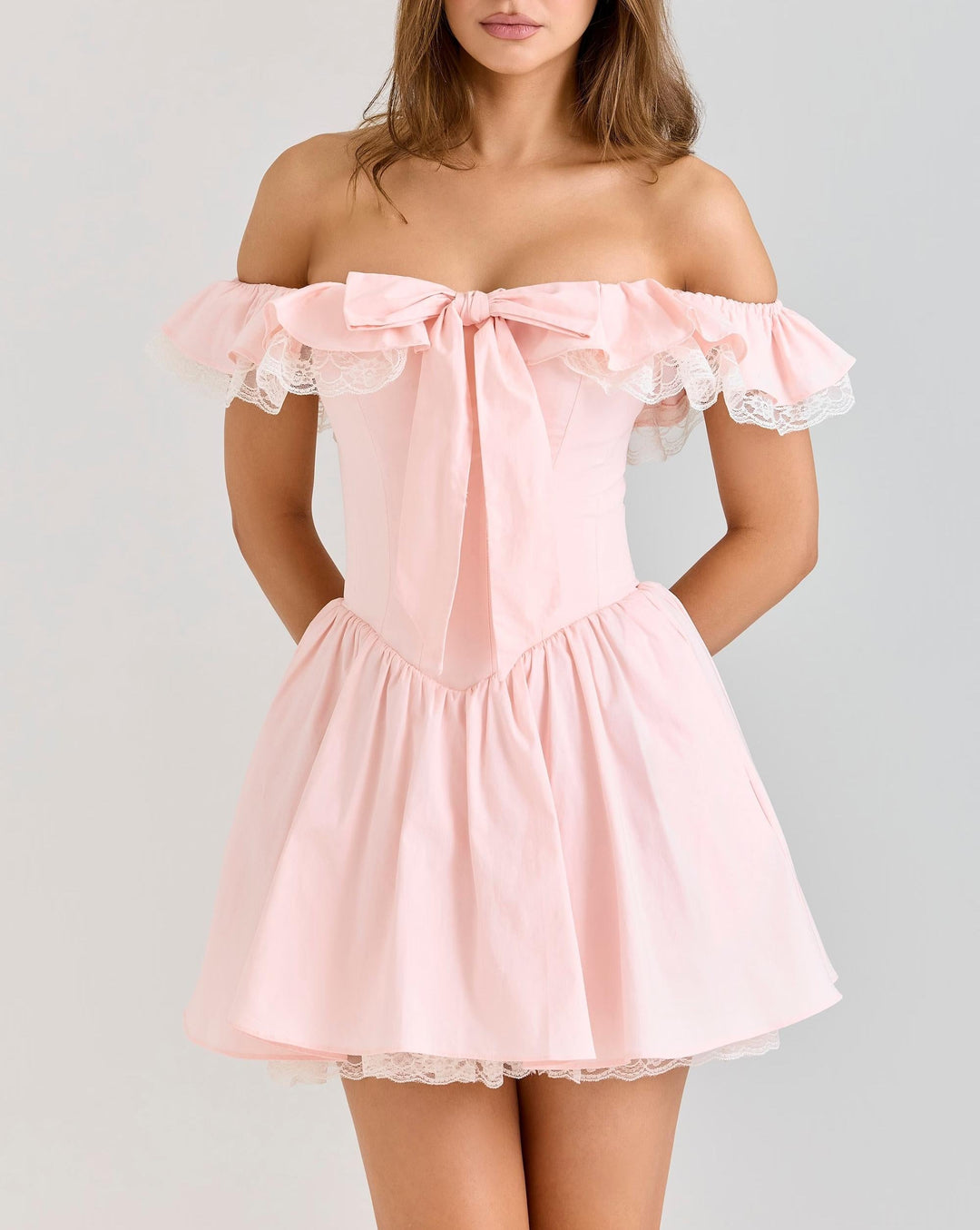 Pink off Neck Lace Stitching Mini Dress