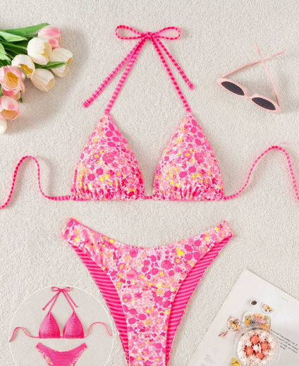Sexy Printing Double Sided Swimsuit Swimwear Women Split Bikini Two Piece Sets