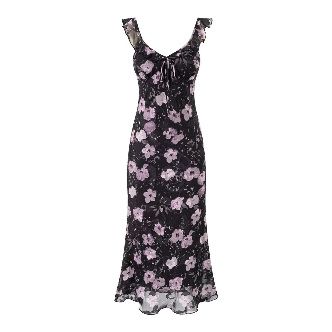 Vacation Ruffled V neck Lace up Printed Fishtail Suspender Skirt Waisted Slim Fit Package Hip Maxi Dress