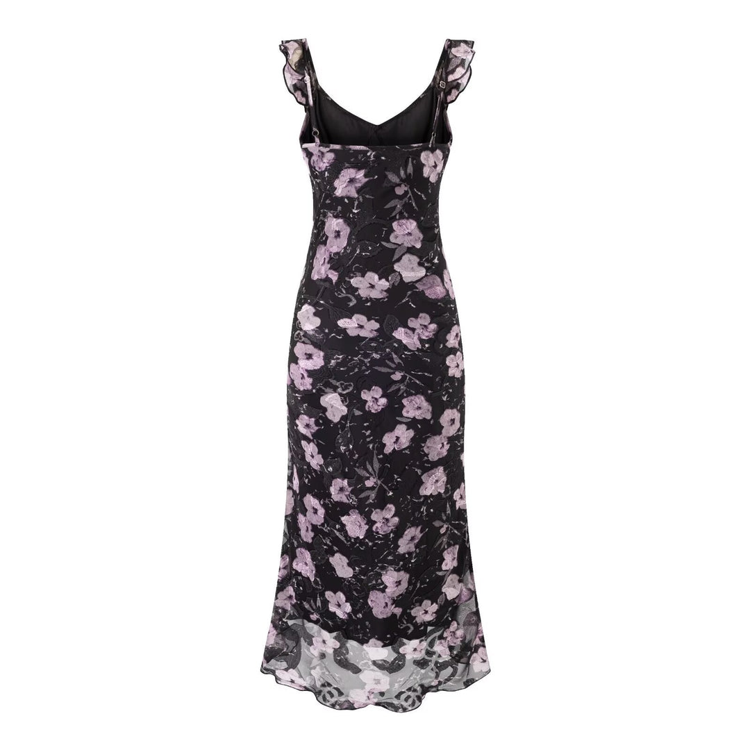 Vacation Ruffled V neck Lace up Printed Fishtail Suspender Skirt Waisted Slim Fit Package Hip Maxi Dress