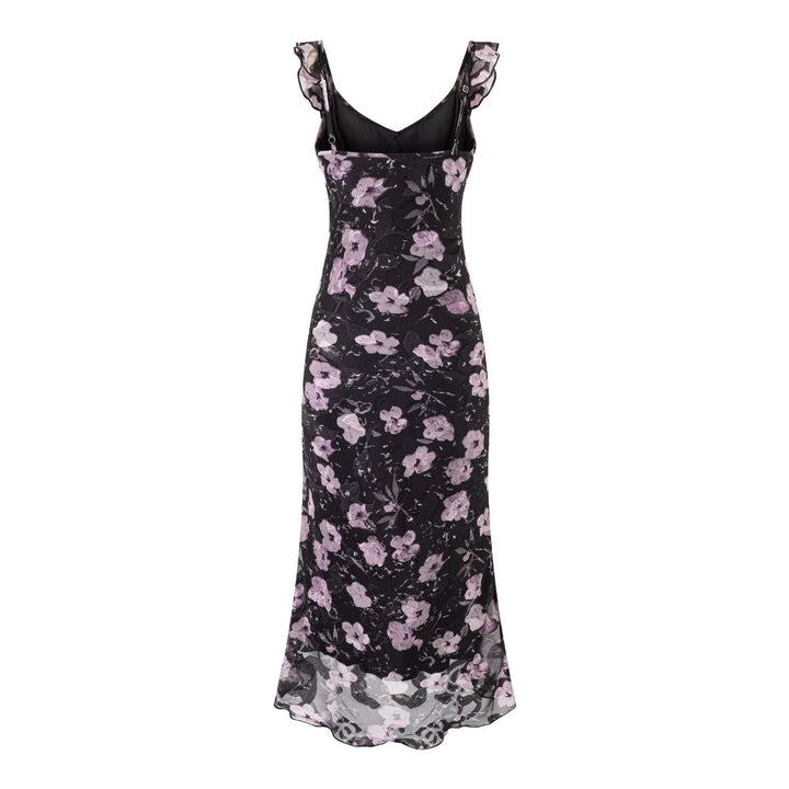 Vacation Ruffled V neck Lace up Printed Fishtail Suspender Skirt Waisted Slim Fit Package Hip Maxi Dress