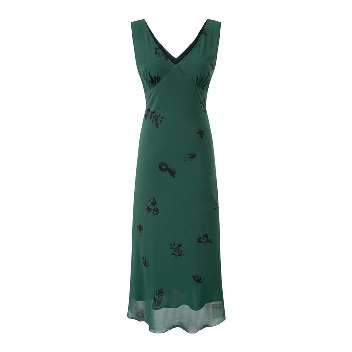Summer Retro Texture Vacation Casual Green Background Printed V neck Dress