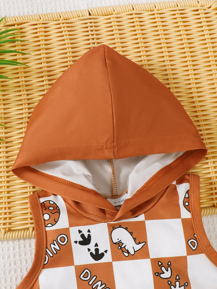 Children's Dinosaur Checkered Sleeveless Hooded Top and Shorts Set