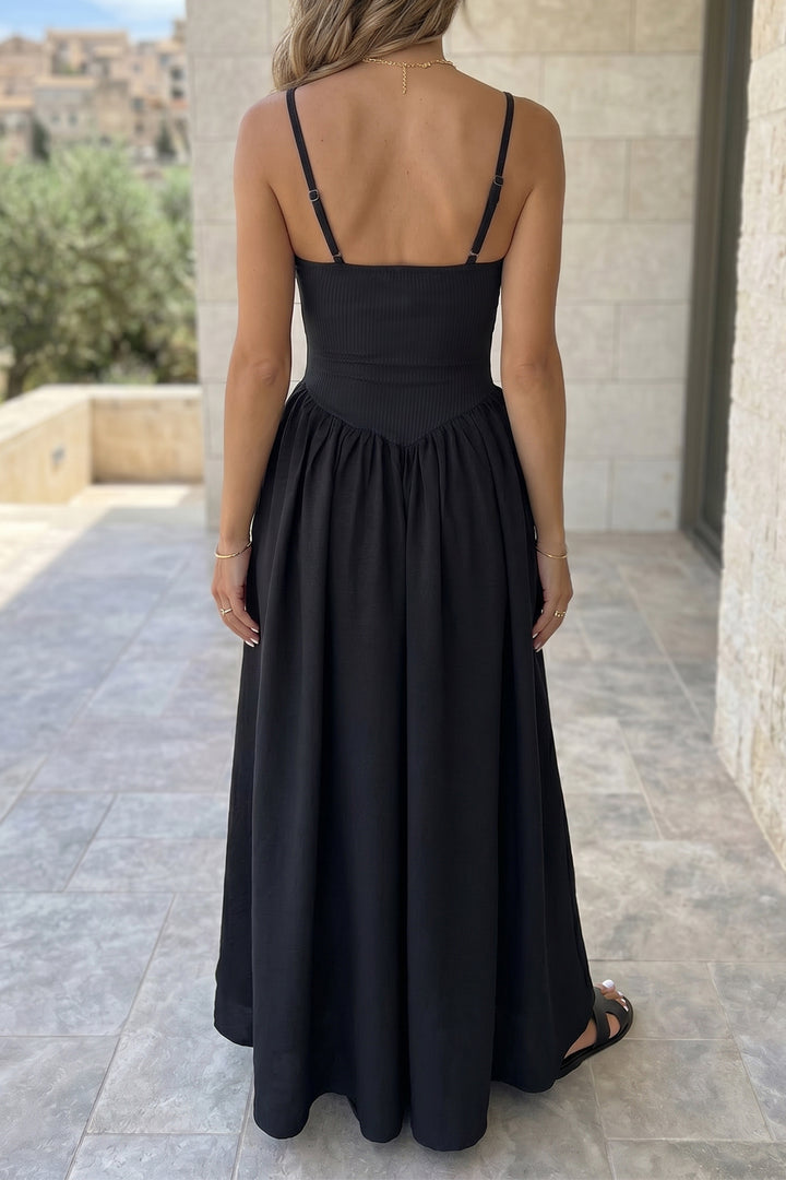 Black Spaghetti Straps Drop Waist Ribbed Patchwork Maxi Dress