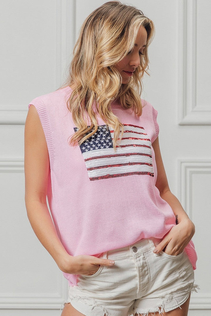 BiBi American Flag Sequins Patch Knit Top