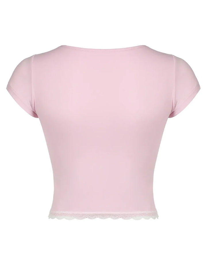 Lace Detail Sweetheart Neck Short Sleeve T-Shirt
