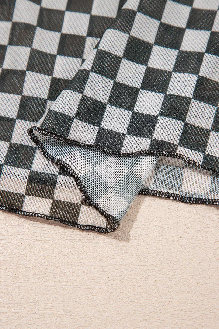 Plaid Stand Neck Long Sleeve Mesh Top