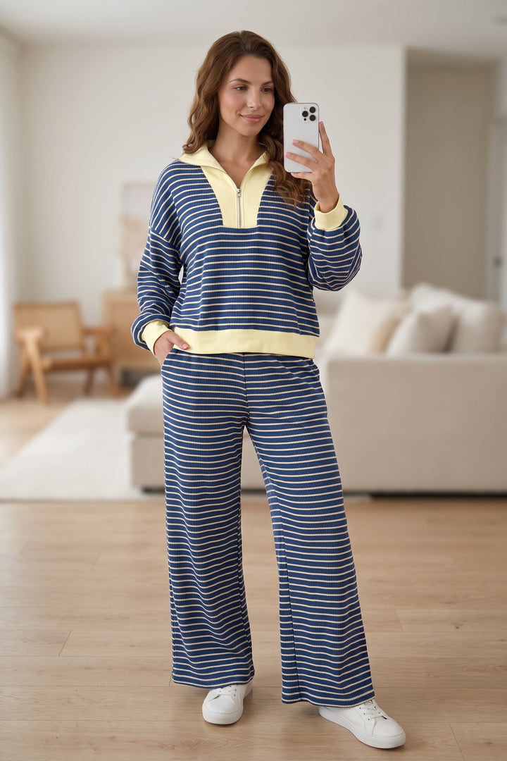 Blue Stripe Color Block Patchwork Zip V Neck Pullover Loose Pants 2pcs Set