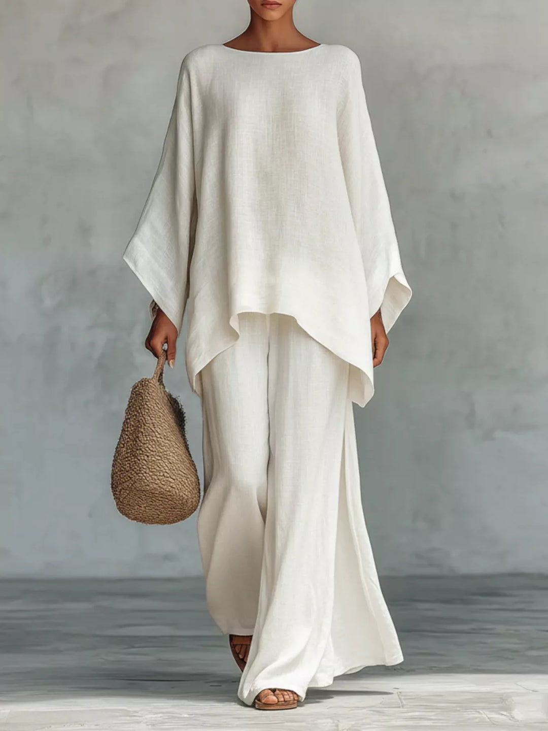Solid Color Long Sleeve Top and Wide Leg Pants Set